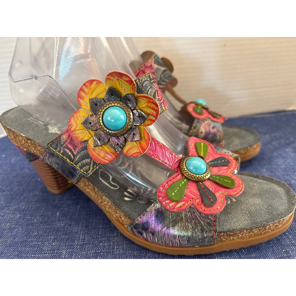 L'Artiste Spring Step Floral Leather Sandals Multi Color Block Heel 41/10US